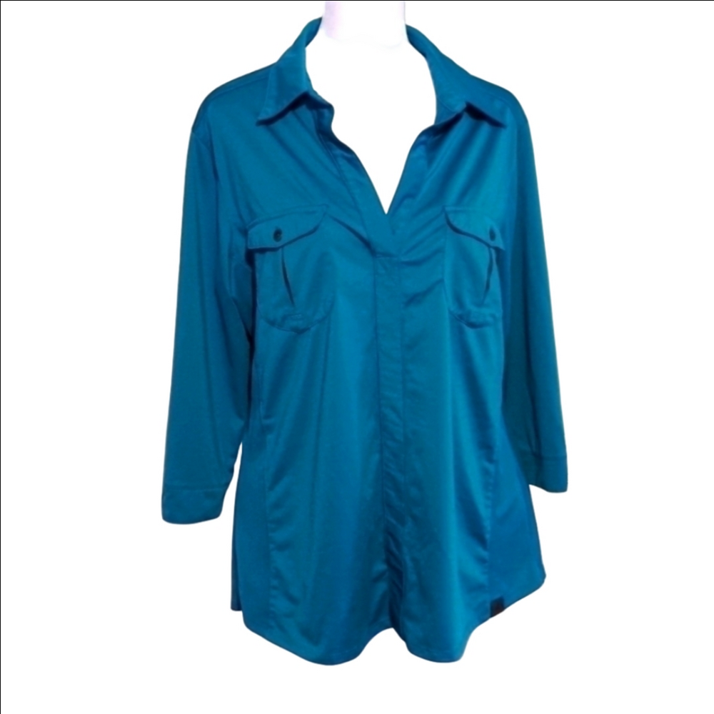 OGIO polo collared shirt ladies large teal golf sports v-neck ribbed roll up